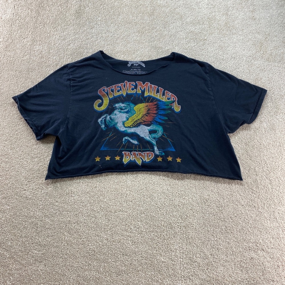 Steve Miller Band Graphic Crop Top Womens 2X Black Pegasus Rainbow Rock Tee